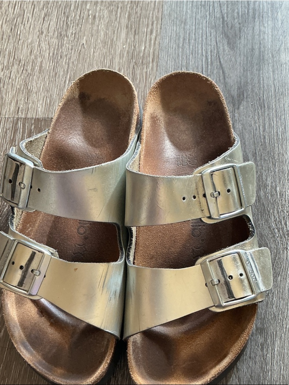 Papillio woman Double-Buckle Metallic Silver Slide Sandals